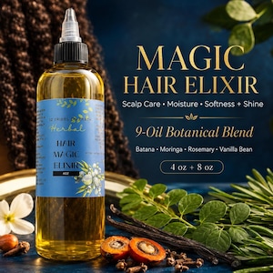 May include: A clear plastic bottle filled with golden hair oil, featuring a blue label that reads 12 Tribes on Earth Hair Magic Elixir. The text on the right side displays Magic Hair Elixir, Scalp Care, Moisture, Softness, Shine, 9-Oil Botanical Blend, and 4 oz + 8 oz.