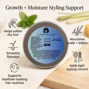 May include: A round metal tin of 12 Tribes on Earth Creamy Emu Oil Pomade, 8oz. The blue label lists ingredients including emu oil, vanilla, peppermint, lemongrass, rosemary, menthol, castor oil, paraffin, and beeswax, with usage instructions.