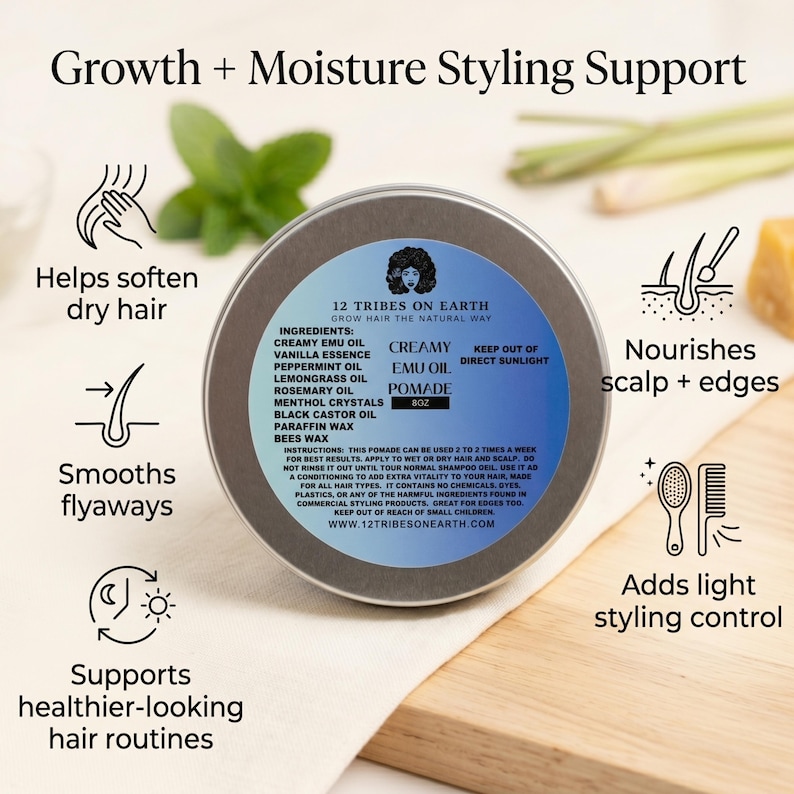 May include: A round metal tin of 12 Tribes on Earth Creamy Emu Oil Pomade, 8oz. The blue label lists ingredients including emu oil, vanilla, peppermint, lemongrass, rosemary, menthol, castor oil, paraffin, and beeswax, with usage instructions.