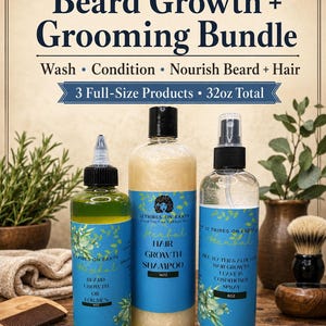 May include: A beard growth and grooming bundle featuring three bottles: an 8oz beard growth oil, a 16oz hair growth shampoo, and an 8oz rice water and aloe vera leave-in conditioner spray. The text reads Beard Growth + Grooming Bundle.