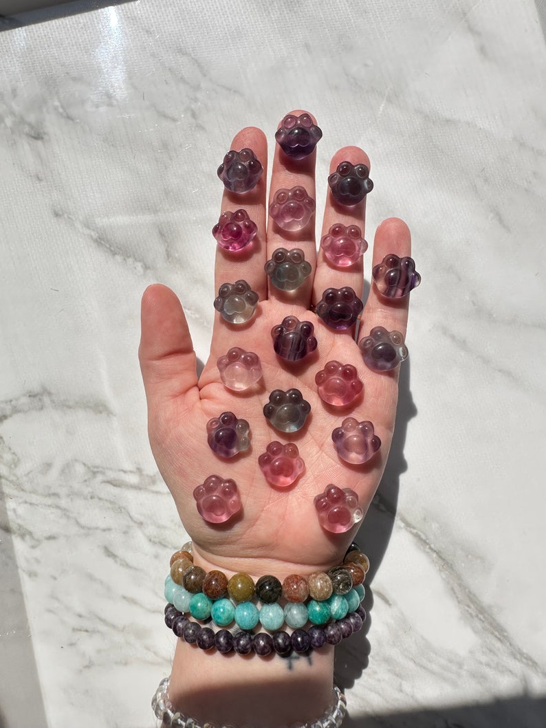 May include: A hand holding a collection of 20 small, purple, pink, and blue paw print shaped crystal charms.