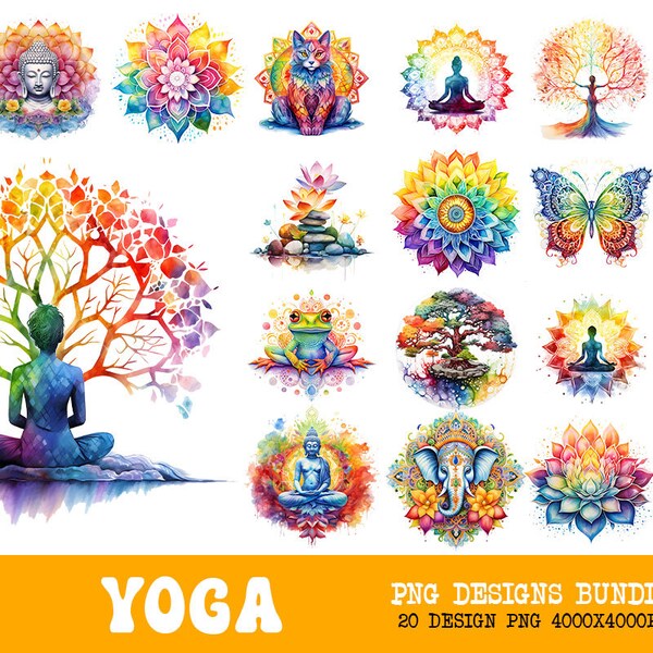 Paquete PNG de yoga, arte de sublimación de yoga, archivos de diseño de atención plena