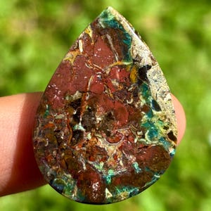 Könnte beinhalten: Ein tropfenförmiger Edelstein mit einem komplexen Muster aus roten, braunen, grünen und goldenen Farbtönen. Die polierte Oberfläche zeigt komplizierte Texturen und Farbvariationen, wodurch ein einzigartiges und natürliches Aussehen entsteht. Der Stein wird vor einem verschwommenen grünen Hintergrund gehalten.