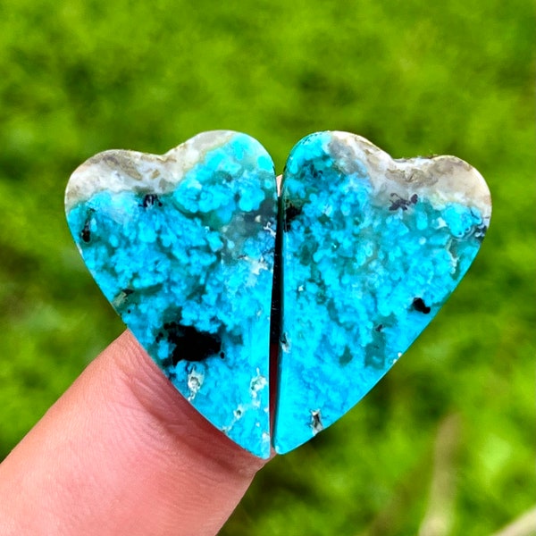 Translucent Gem Silica Palamea heartshape pair | TOP Grade | super RARE very shiny and worthy | Chrysocolla chalcedony