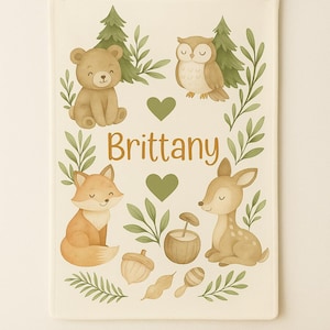 Woodland Animals Baby Blanket with Name | Forest Theme Baby Gift | Personalized Fleece, Plush or Woven Blanket