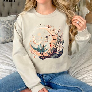 Mystic Moon Face Sweatshirt, Celestial Boho Crewneck, Feminine Moon Stars Floral Pullover, Witchy Aesthetic Gildan 18000