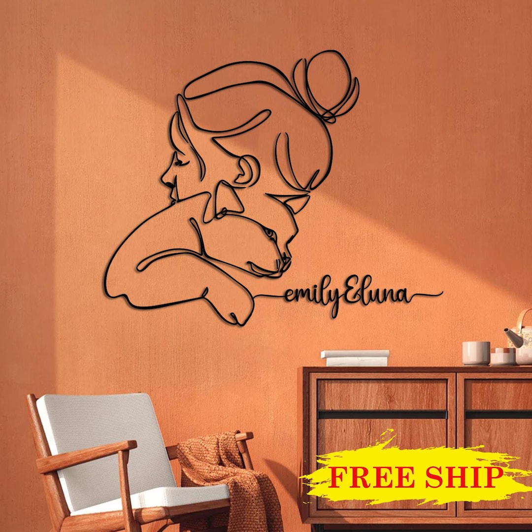 Cat and Woman Minimalist Wall Art, Girl and Cat Metal Wall Decor