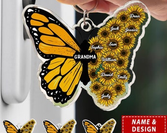 Personalized Grandma Butterfly And Sunflower Acrylic Keychain, Mother's Day Gift For Grandma, Custom Grandkid Name Keychain, Sunflower Lover