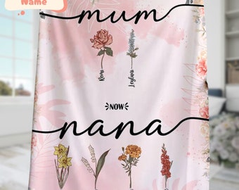 Gepersonaliseerde eerste moeder nu oma geboortebloem met kindernaam deken, Moederdagdeken, verjaardagscadeau voor moeder, deken voor bloemenliefhebber