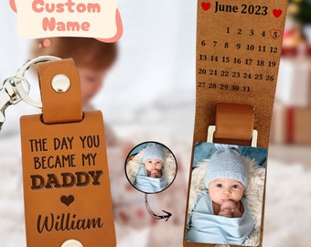 Personalized Calendar The Day You Became My Daddy Mommy Leather Keychain, Custom Baby Name And Photo Keychain, Mother's Day Gift Ideas
