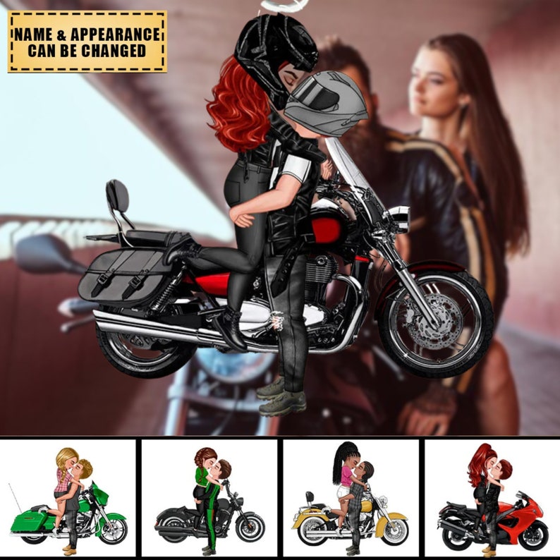 Portachiavi personalizzato per coppia di motociclisti con bambola che si bacia, per lui e lei, in moto insieme, San Valentino, anniversario, regalo di compleanno immagine 1