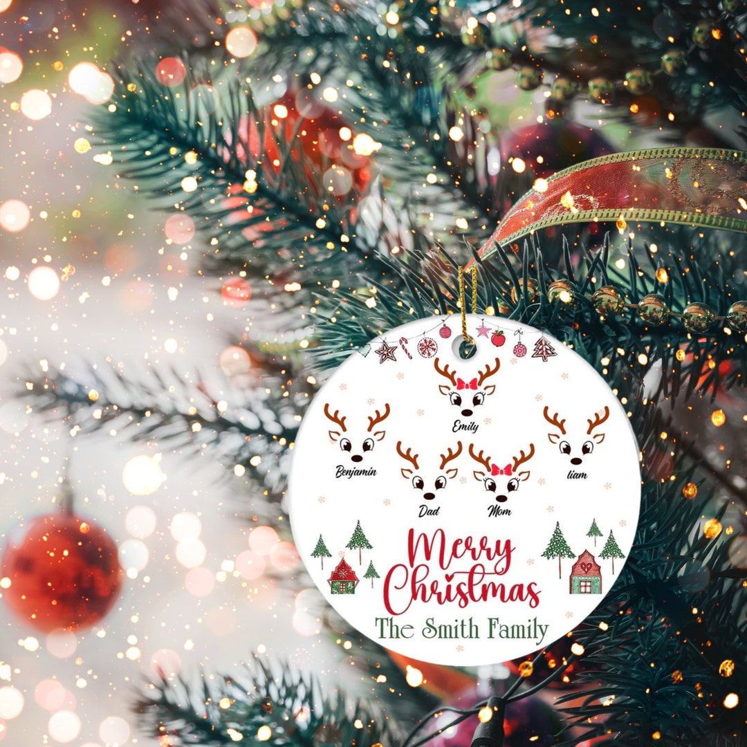 Personalized Merry Christmas Gift for Family Reindeer Circle Ornament