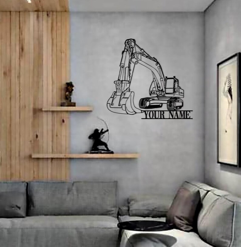 Personalized Excavator Digging Metal Wall Art, Custom Construction Name