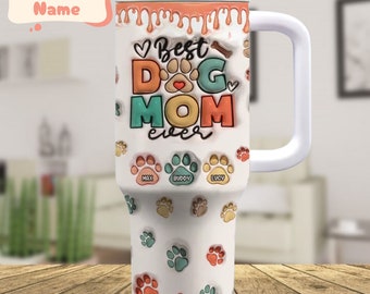 Personalized Best Dog Mom Ever Dog Cat Stainless Steel Tumbler 40 Oz, Custom Dog Mama Gift, Dog Travel Tumbler With Handle, Cute Dogs Cup