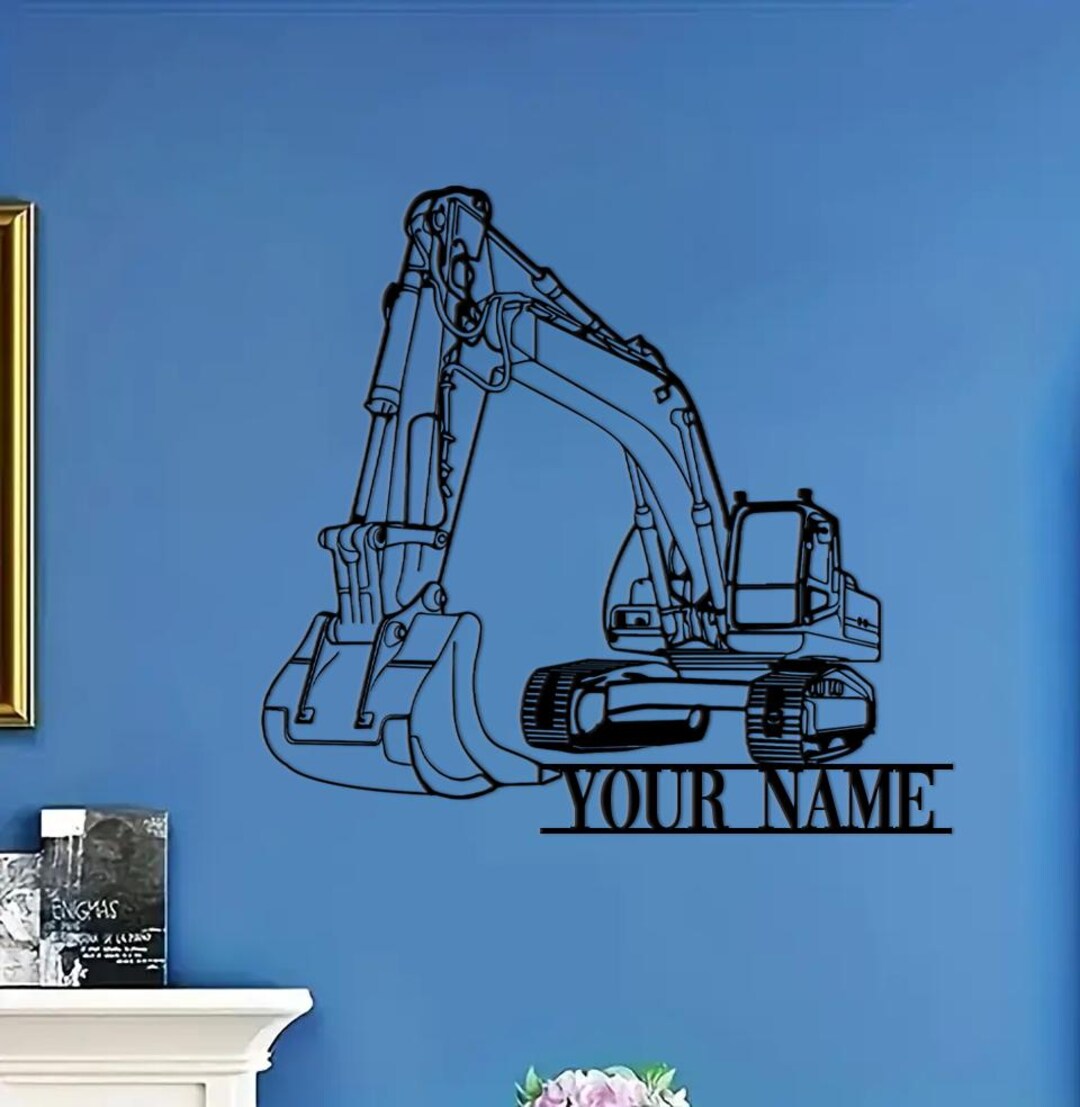 Personalized Excavator Digging Metal Wall Art, Custom Construction Name
