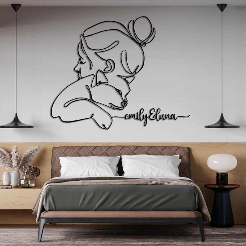 Cat and Woman Minimalist Wall Art, Girl and Cat Metal Wall Decor