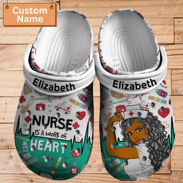 Personalized Nurse Is A Work Of Heart Clogs Shoes, Nurse Life Clogs, Custom Clogs For Nurse, Birthday Gift For Nurse, Hospital Work Clogs