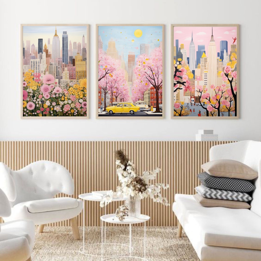 New York Art Print, Colorful Wall Art,pink and Yellow Printable Wall
