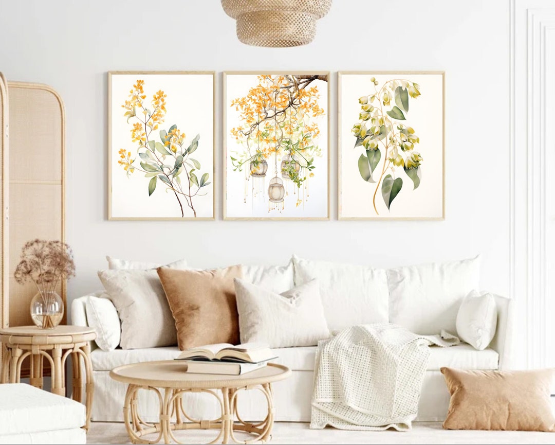 Sage Green and Yellow Wall Art Prints Set of 3 Botanical Wall Art