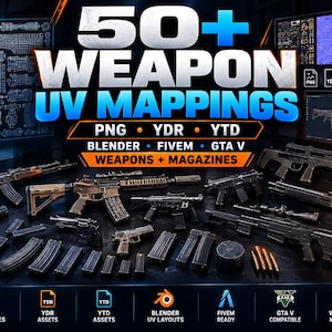 May include: A digital collection of 50+ weapon UV mappings featuring various firearms and magazines. The display includes text labels for PNG, YDR, YTD, Blender, FiveM, and GTA V compatibility, showcasing technical assets for 3D weapon modelling.
