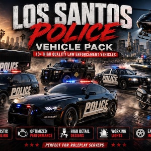 Puede incluir: Un gráfico promocional digital para un paquete de vehículos policiales de Los Santos que muestra varios vehículos de las fuerzas del orden en blanco y negro, incluyendo un autobús, SUV, sedán, camión SWAT, motocicleta, barco y helicóptero.