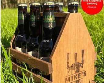 Personalized Wooden Beer Caddy – Rustic Groomsman Gift
