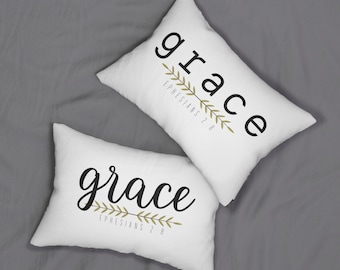 Christian Throw Pillow, Two Sided Pillow, Bible Verse Pillow, Christian Gifts, Ephesians 2:8, Grace, Spun Polyester Lumbar Pillow