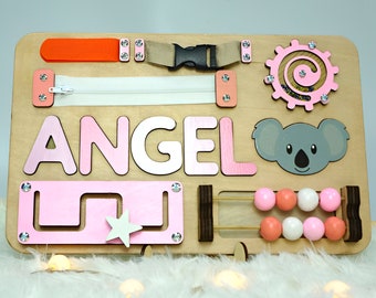 Personalized Name Busy Board | Montessori Education Wooden Toys | Baby Shower, Christmas, Birthday Gift for Toddler | Pink Pastel Color