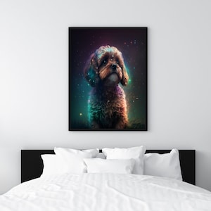 May include: A brown and white dog with a fluffy coat is sitting in a galaxy-themed background with stars and nebulae. The dog is looking up and has a playful expression.