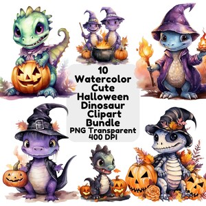 Cute Watercolor Halloween Dinosaur Clipart Spooky Adorable Dino Craft Decor Invitations  PNG Transparent Background Instant Download