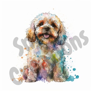 May include: Watercolour painting of a small, light brown dog with a fluffy coat. The dog is sitting with its head tilted and a happy expression. The background is a white canvas with splashes of colourful paint.