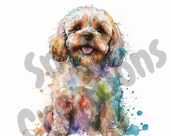 Happy Cavoodle Watercolor Line Drawing Clipart Cavapoo Dog PNG JPEG Commercial and Personal Use Cute Cavadoodle Watercolour Splashes