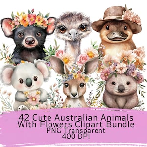 Aquarell Australische Tiere Clipart, Blumen, Koala, Känguru, Wombat, Schnabeltier, niedlich, Dugong, Handwerk, Ureinwohner, Scrapbooking, Einladung