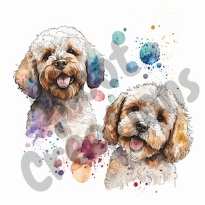 May include: Watercolor illustration of two smiling dogs with fluffy fur, featuring brown and white tones. Colorful paint splatters in shades of blue, purple, and red surround the dogs. The word "crafts" is partially visible in the image.