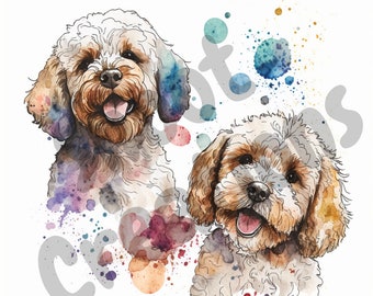 Happy Cavoodle Watercolor Line Drawing Clipart Cavapoo Dog PNG JPEG Commercial and Personal Use Cute Cavadoodle Watercolour Splashes