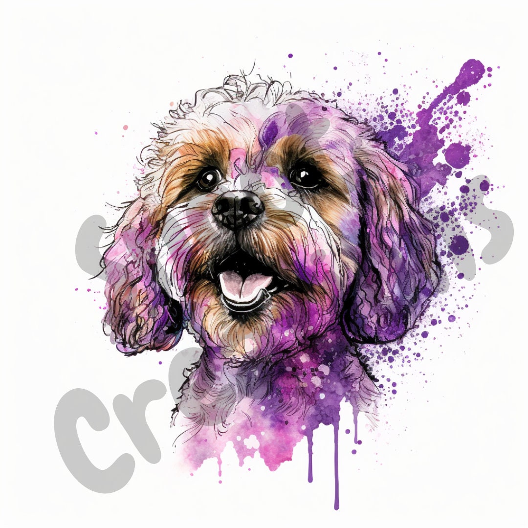Happy Cavoodle Watercolor Line Drawing Clipart Cavapoo Dog PNG JPEG Commercial and Personal Use Cute Cavadoodle Watercolour Splashes