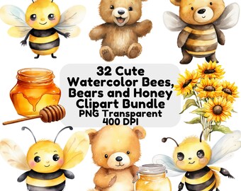 Cute Watercolor Bees Bears Honey Clipart Nursery Decor Honey Bee Png Bumblebee Adorable Brown Bear Forest Picnic Bee Hive Transparent