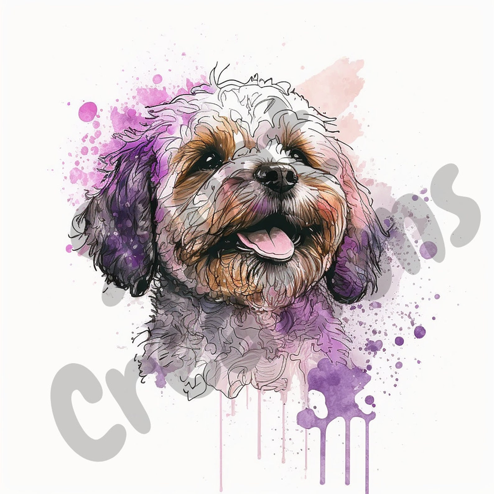 Happy Cavoodle Watercolor Line Drawing Clipart Cavapoo Dog PNG JPEG ...