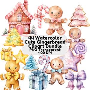 Simpatico pacchetto di clipart di pan di zenzero ad acquerello, vacanze, artigianato invernale, inviti, decorazioni, albero di Natale, biscotto di zucchero, biscotto di Natale png