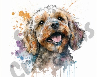 Happy Cavoodle Watercolor Line Drawing Clipart Cavapoo Dog PNG JPEG Commercial and Personal Use Cute Cavadoodle Watercolour Splashes