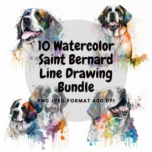 Happy Saint Bernard Watercolor Line Drawing Clipart Puppy Dog PNG JPEG Commercial and Personal Use Cute Watercolour Splashes Illustration