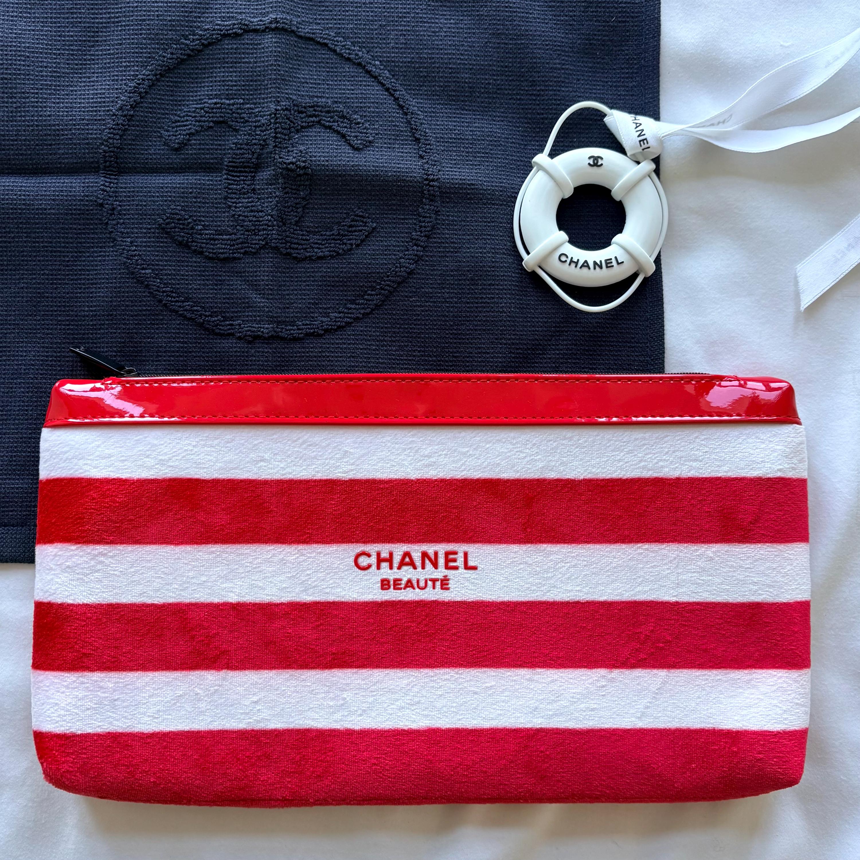 Chanel Beauty Red White Striped Velvet Pouch Limited Edition 