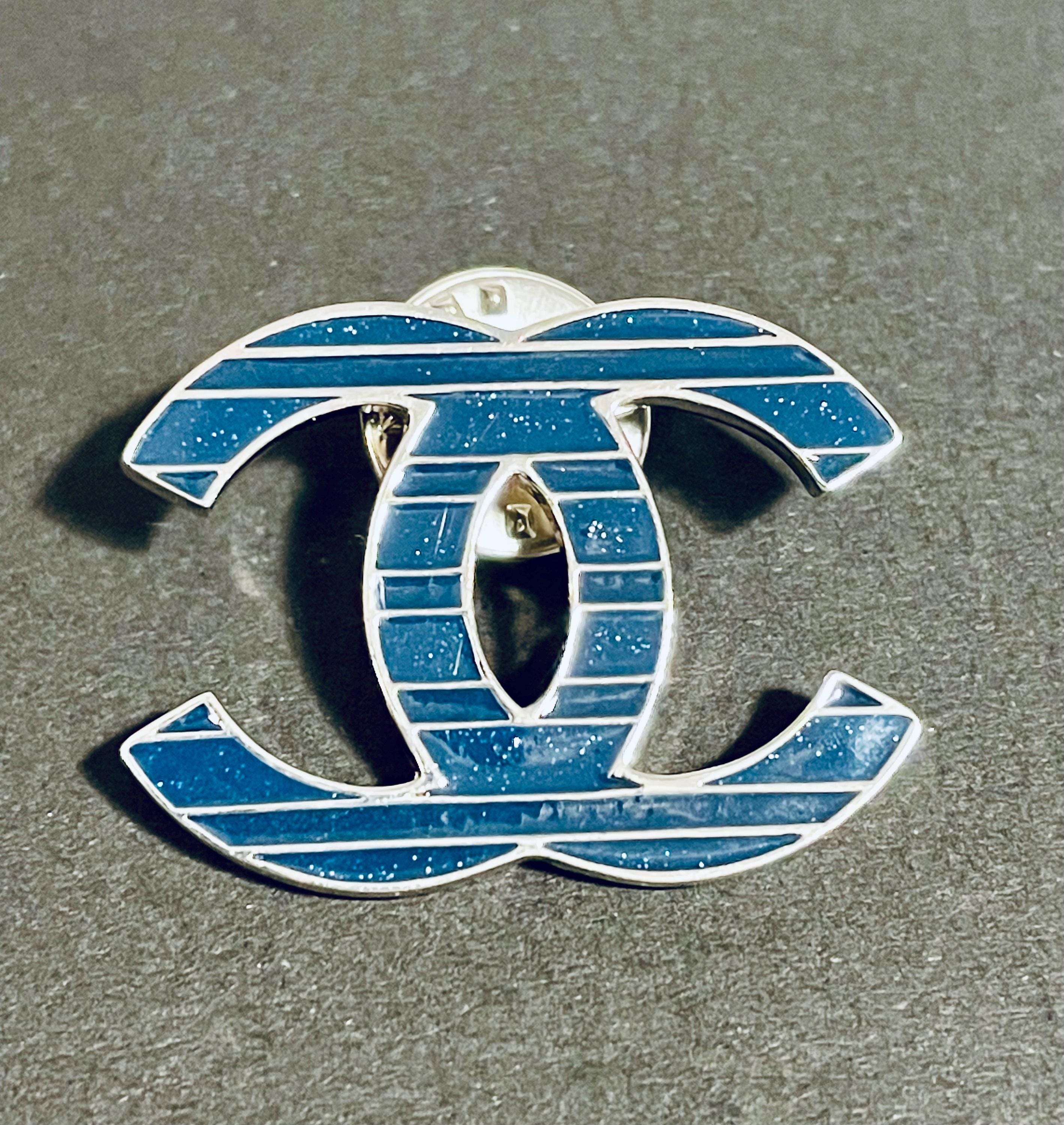 Chanel CC Pin, Blue Enamel Silver Pin Brooch Double C Logo Silver