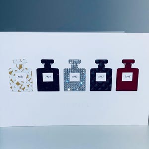 Chanel Grußkarte, Weihnachtskarte, 5 verschiedene Stoffe, Parfümflaschen, authentisch, Sammlerstück
