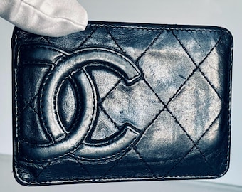 Authentieke Chanel-kaarthouder, portemonnee, zwart gewatteerd leer, CC-logo, vintage