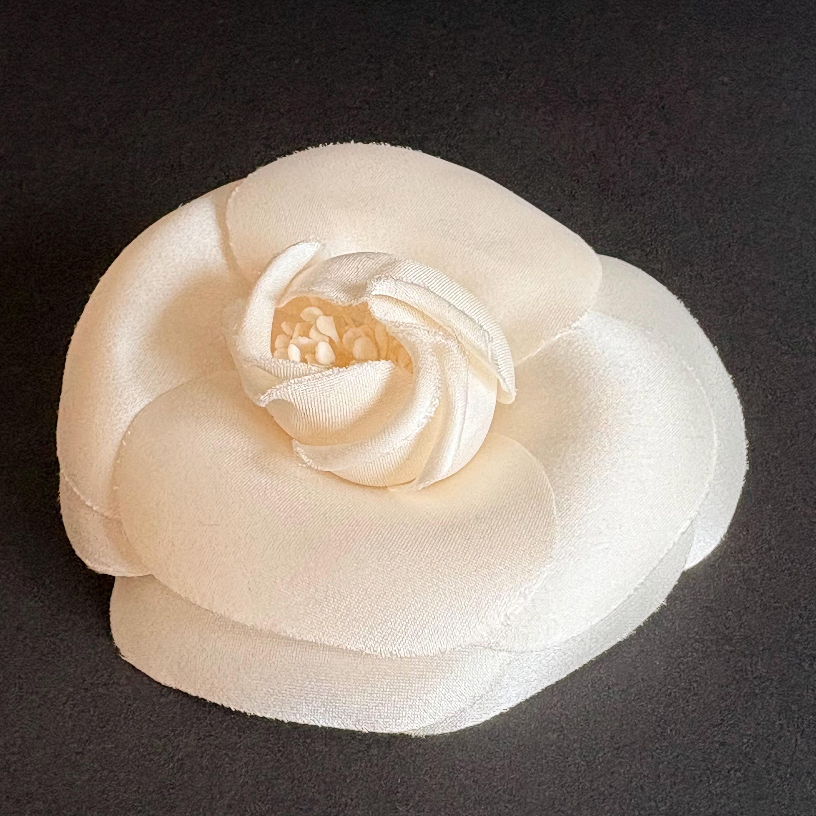 Chanel White Camellia Brooch Bridal Silk Flower Pin With Box