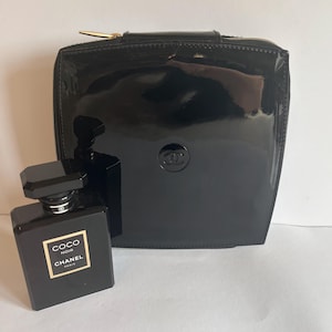 Chanel Sublimage Vanity Case CC Logo Beauty Case Black Patent Leather Travel Makeup Organizer Magnolia Interior