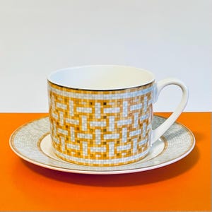 Rare Hermès Porcelain Cup & Saucer “Mosaique au 24” – Gold Mosaic Design – With Original Box