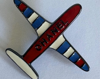 Chanel Airplane Enamel Brooch A16C Red Blue Pin Rare Airline Motif Collector Piece