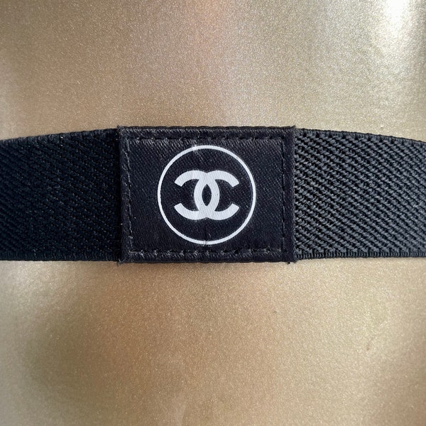 Fascia per capelli autentica Chanel, fascia sportiva, fascia elastica per capelli, fascia per la coda, nera con logo CC aan de voorkant, vintage